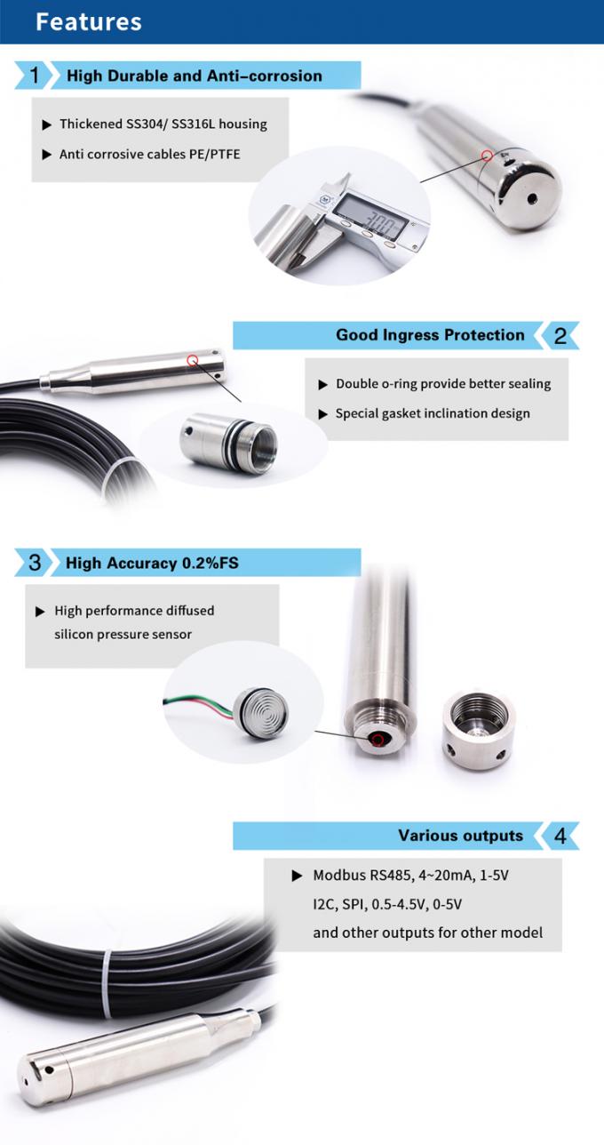 304SS αισθητήρας σταθμών ύδατος πισινών με την παραγωγή 4-20mA I2C RS485