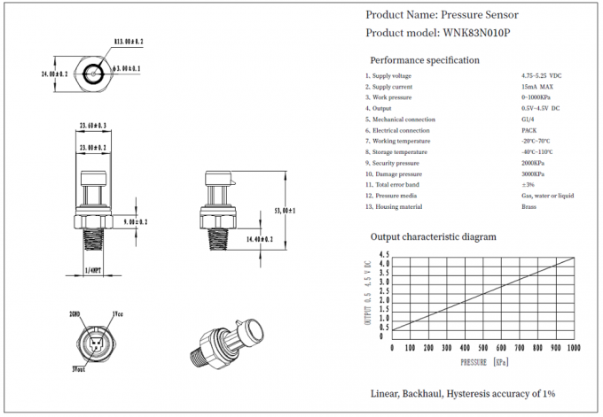 Συμπαγής αισθητήρας πίεσης ορείχαλκου παραγωγής χαμηλότερου κόστους 0.5-4.5V για το νερό αερίου αέρα